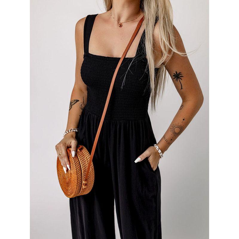 2024 Summer New Arrival Black Square Collar Smocking Jumpsuit Women European and American Leisure Slim Looking Suspenders Loose Pants Women