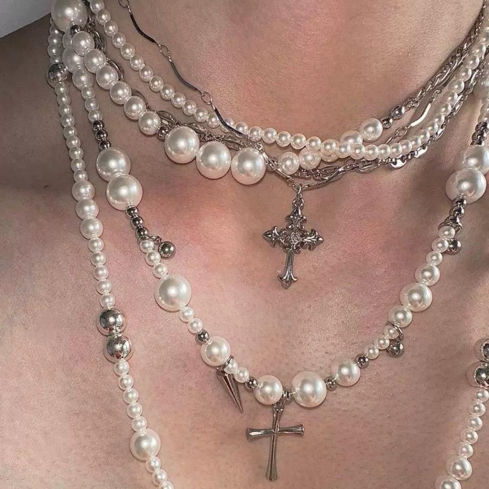 Hot Selling Goth Rose Flower Imitation Pearl Cross Pendant Necklace for MenMulti Layers Simulated Pearl Aesthetic Vintage Luxury