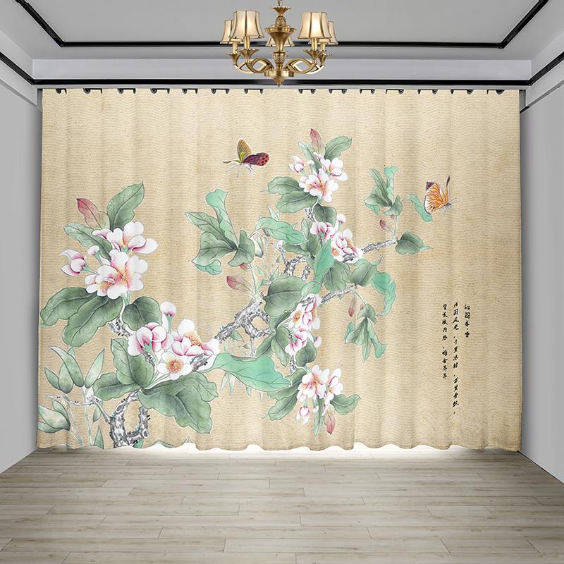 

Новые китайские занавески Цветы Птицы Гостиная Балкон Древняя чайная комната Пейзаж Живопись тушью Оконный экран Занавеска Китайские шторы (W50cmxH130cm)x2&Grommet Top