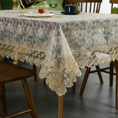 Tischdecke Beige Tischdecke Bestickte Tischdecke Romantische Spitze Europa Hohl Transparent Rose Blume Glasgarn Kaffeedecke