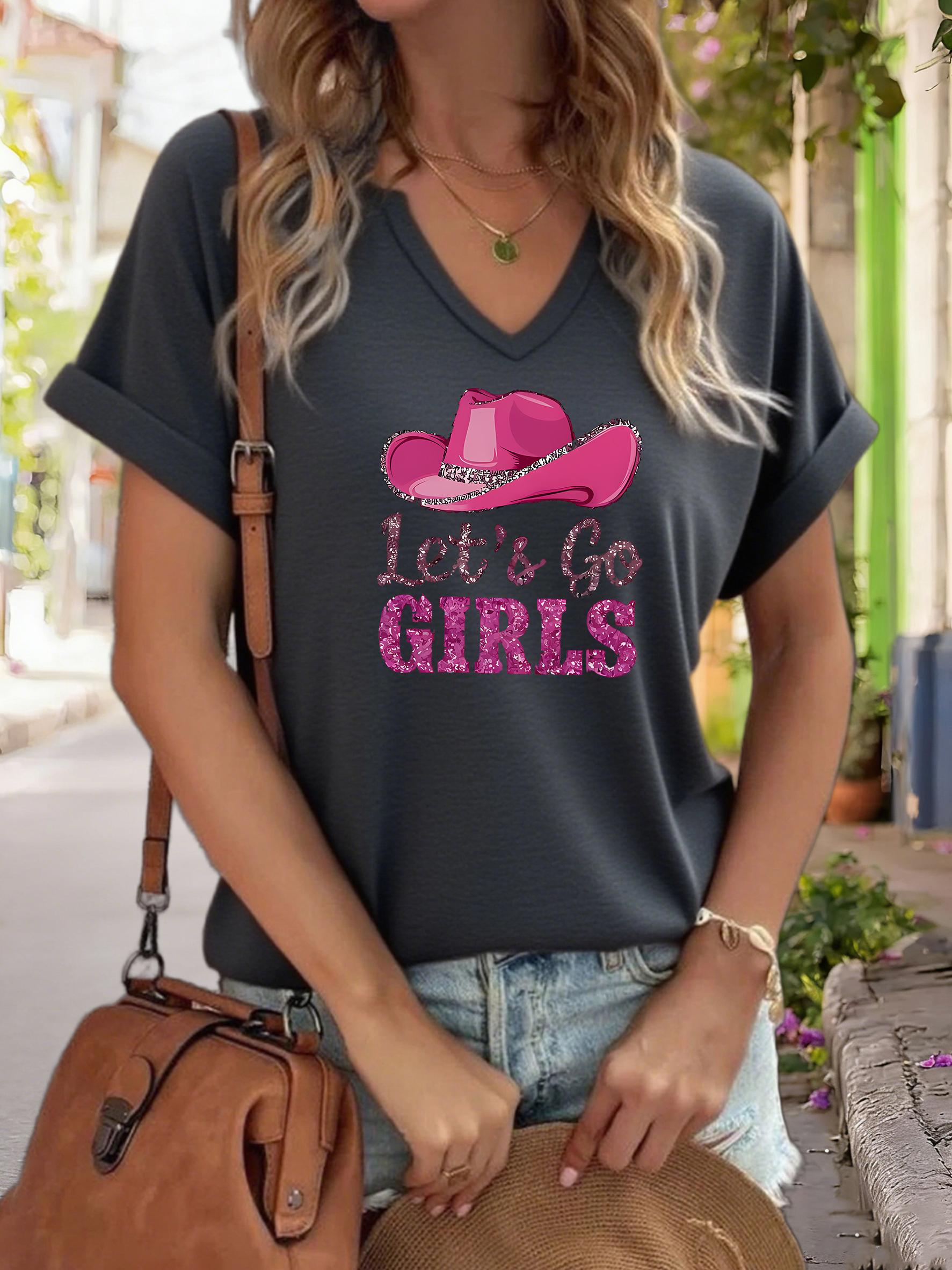 

Women s V-Neck Let s Go Girls Graphic Tee, Pink Cowboy Hat Print T-Shirt, Casual Short Sleeve Western Style Top S