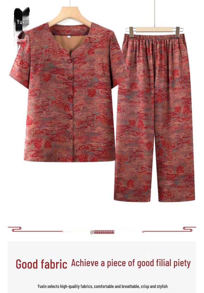 Grandma's Summer Ice Silk Short Sleeve Set for Women: Cool, Comfortable Shirts for Middle-Aged and Elderly Ladies
