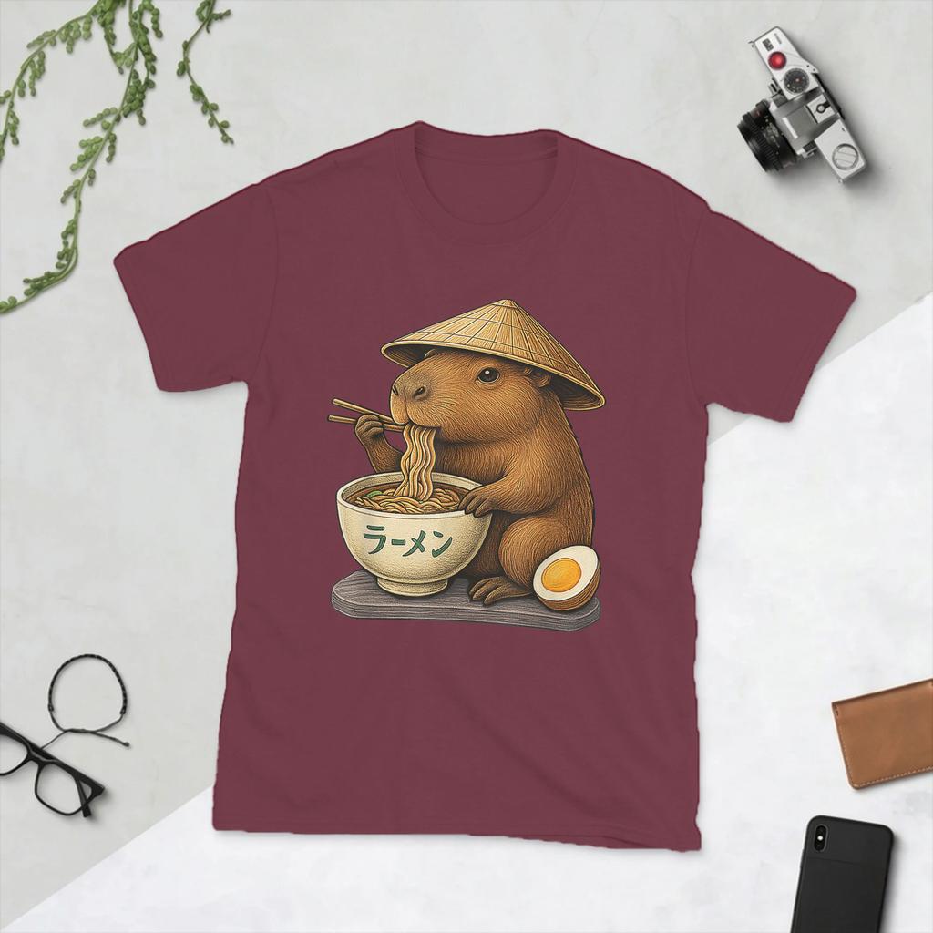 Kawaii Capybara Eating Japanese RaUnisex Unisex T Shirts Unique Tees Short Sleeve O Neck TShirt Pure Cotton Party Clothing