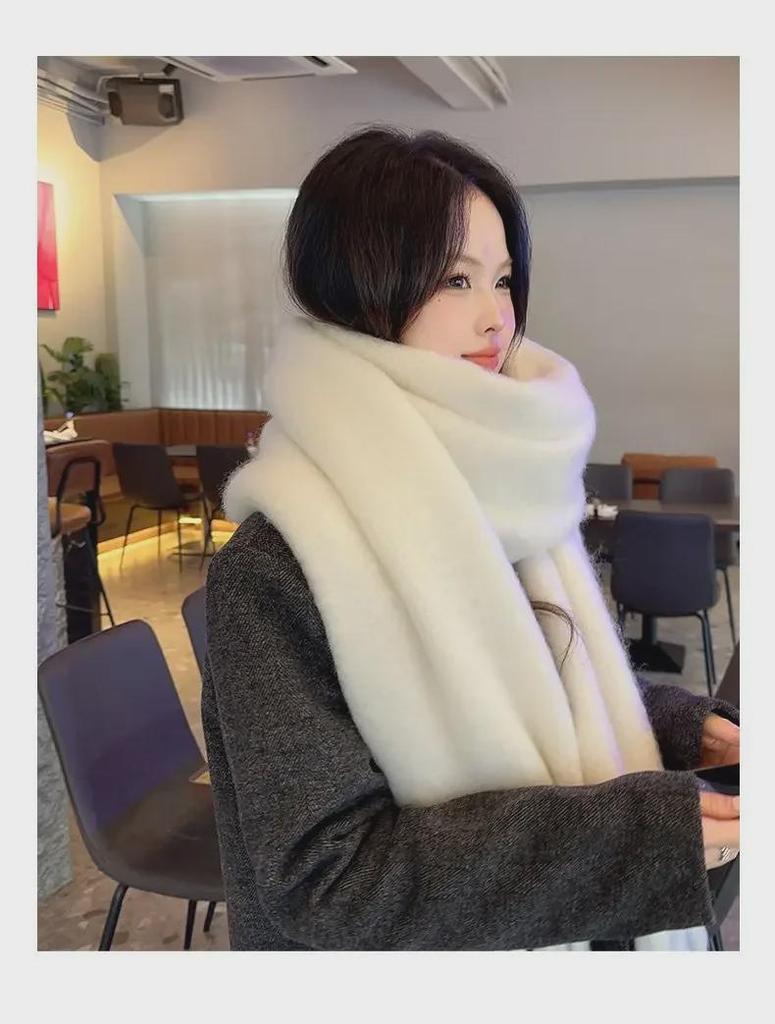 2024 Winter White Thick Solid Color Scarf for Girls - Korean Style, Versatile Student Shawl