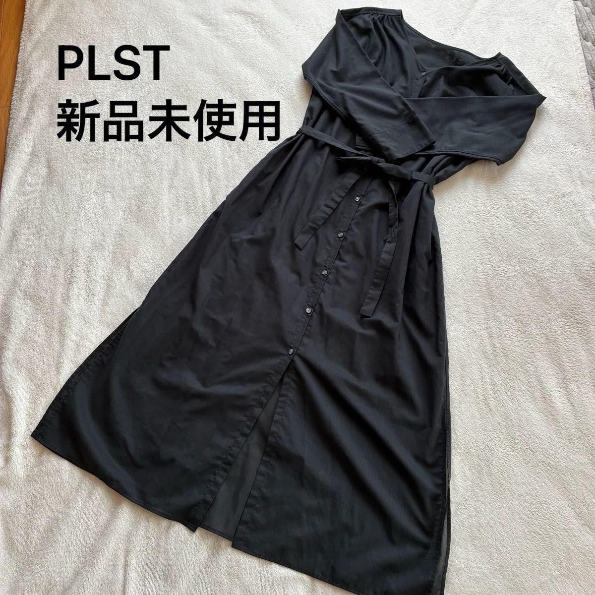 PLST Plaste Shirt Dress Long Dress Black Black M Size Waist Ribbon Dress Gown Shirt Dress