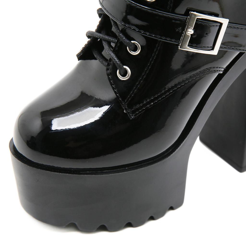 Gdgydh High Heels Boots DJ Stage Performance Chunky Heel Ankle Boots with Chains & Buckles Nightclub Party Shoes for Women