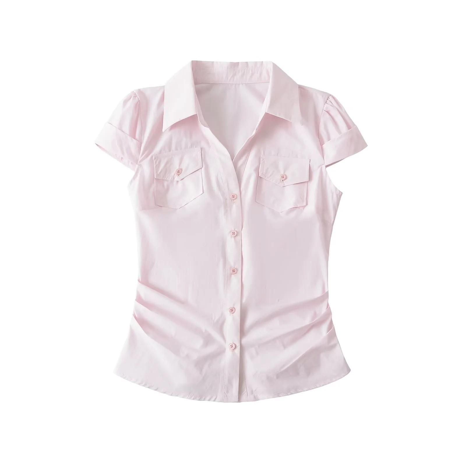 

Корейский приталенный топ с коротким рукавом и лацканами - Летний стиль темпераментности 2025 для женщин Large