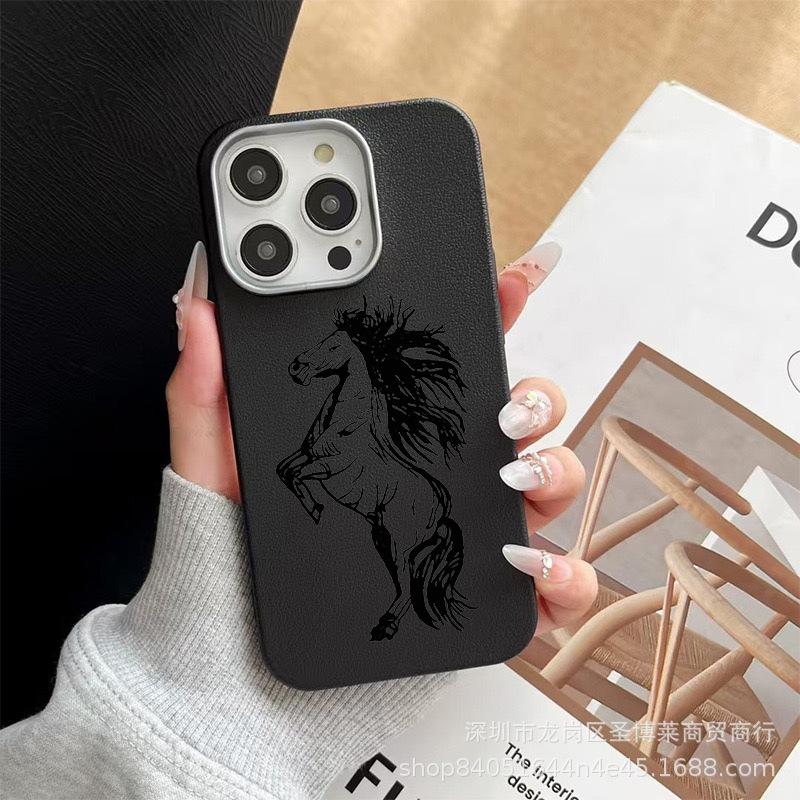 Black Horse for iPhone15promax Mobile Phone Case Apple 16 Leather Pattern 14/13/12 Protective Case 17