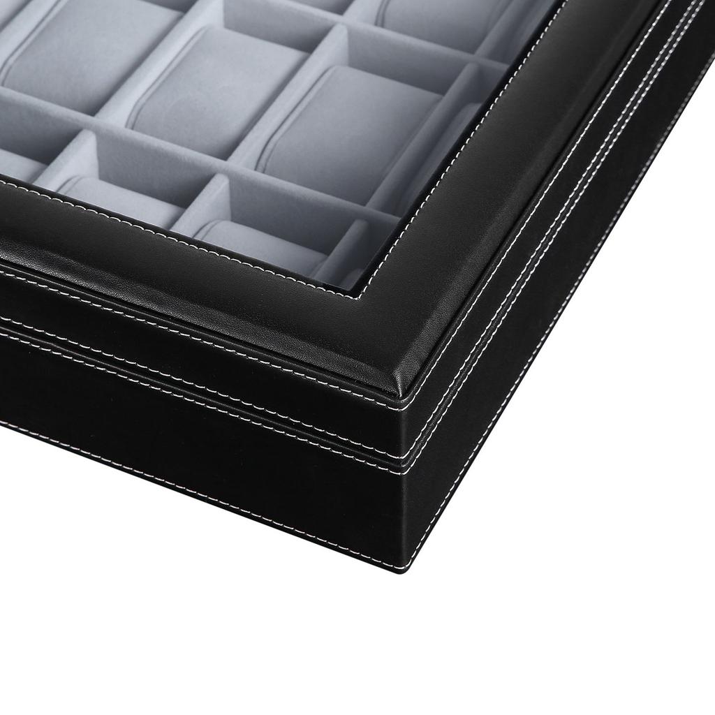SONGMICS Watch Box, Lockable Watch Case, Watch Storage Box with 24 Slots, Glass Lid, Gift for Loved Ones, Black Synthetic Leather, Grey Lining