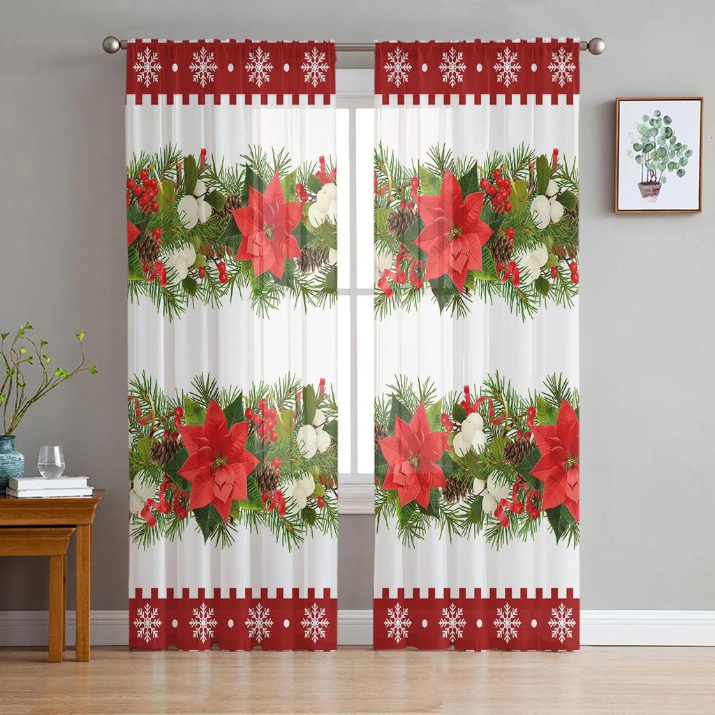 Light Filtering Christmas Snowman Snow Scene Tulle Curtains Living Room Bedroom Decoration Transparent Chiffon Voile Window Curtain Polyester Washable