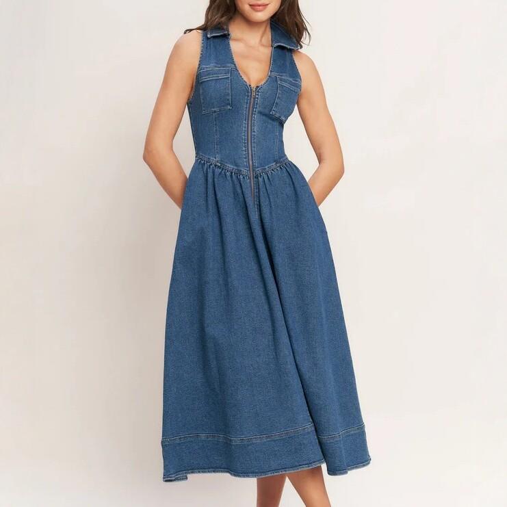 European and American style denim dress women's new sleeveless waist long thin A-shaped skirt cross-border fashion versatile skirt