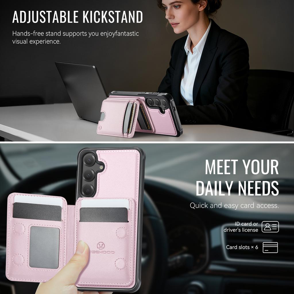 For Samsung Galaxy S25 Magnetic Case JEEHOOD J10 Leather Back Phone Cover with Detachable Card Holder Kickstand