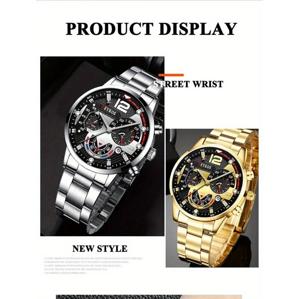 3pcs/set, Fashion Men's Business Watch, Casual Stainless Steel Quartz Wristwatch, Golden Necklace, Bracelet and Wristwatches Set