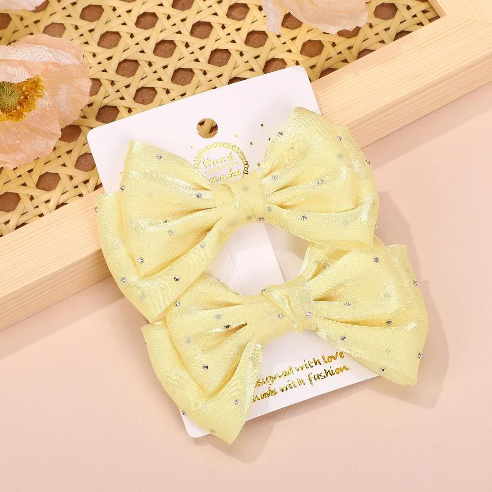 RAINBOW BOWS 2Pcs Yarn Bow Hair Clip Solid Crstal Bowknot Hairgripes for Girls Elegant Womens Boutique Hair Accessories