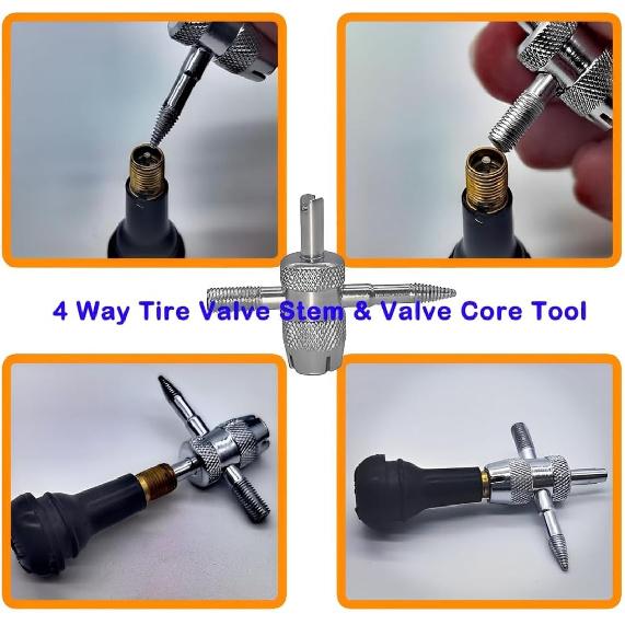Valve Stem & Core Removal Replacement Tool Kit,Tire Valve Stem Tallation Tool Without Tire Removal, 2-In-1 Valve Stem Caps & Core Wrench,With 5