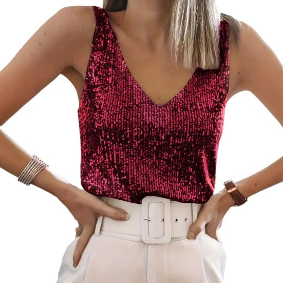 Women Tops Deep V-Neck Sparkling Sequins Design Sleeveless Vest Loose Fit Party Camisole Nightclub Wear