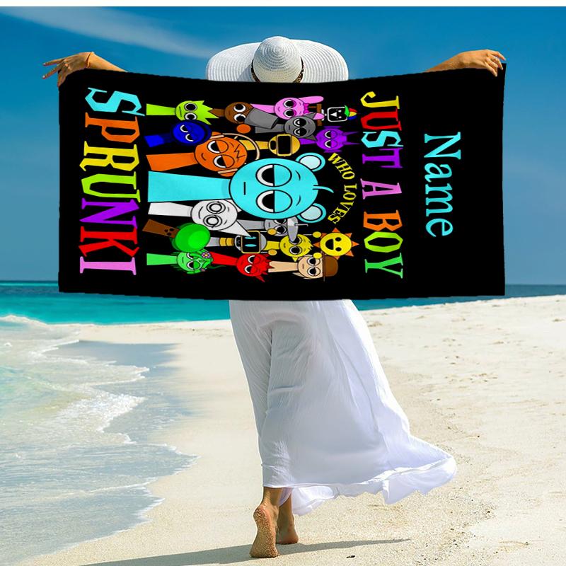 Custom Name Ultra-Soft Beach Towel with Sprunki Theme,Ideal for Pool - Camping, Diving - Perfect Travel Essential, Vibrant Beach Towel.