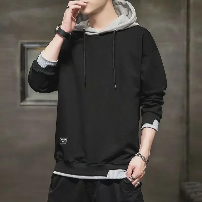 Men's Trendy Hooded Sweatshirt - Spring/Autumn, All-Match, Loose Fit, Casual Two-Piece Look for Teens and Students.