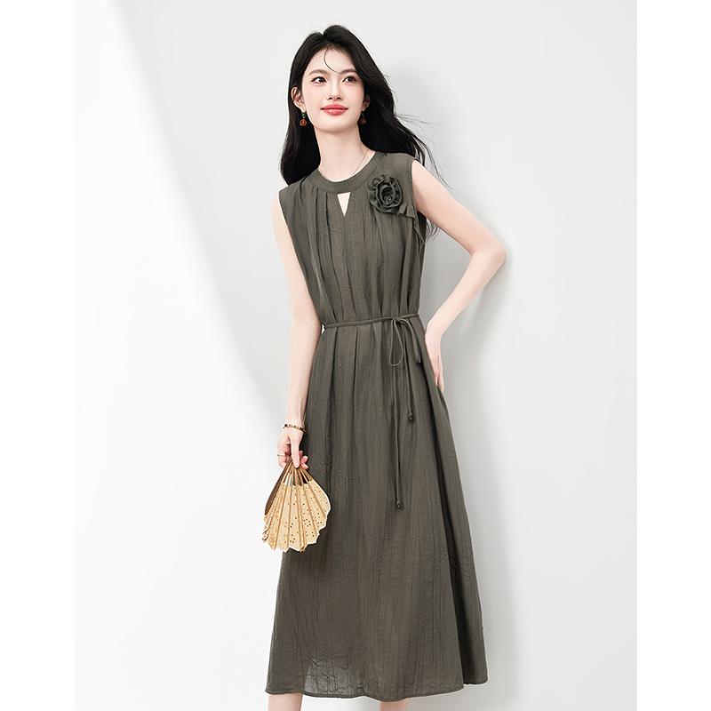 Korean Style Minimalist and High-end Solid Color Dress with Loose Small Stand Up Collar and Sleeveless Long Skirt