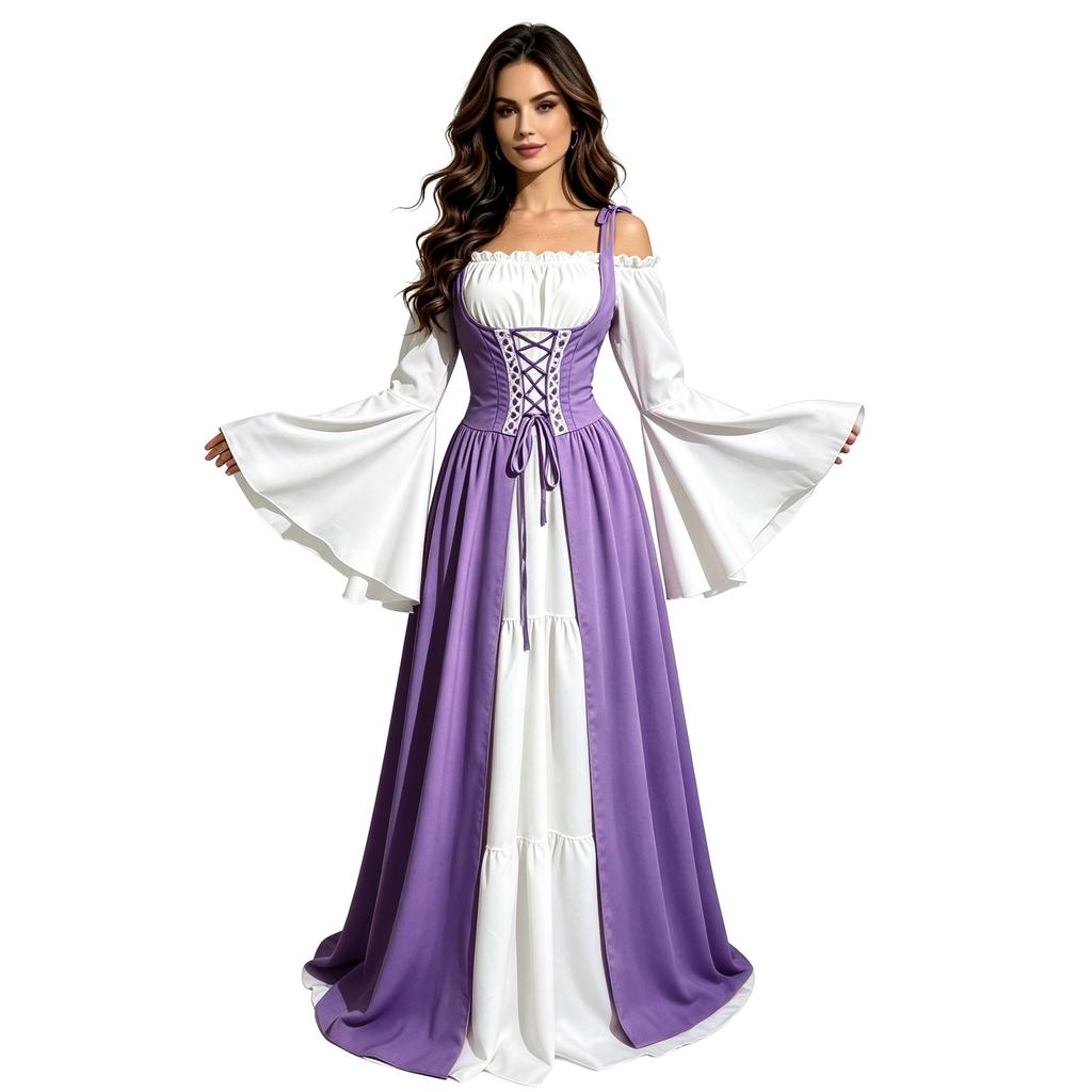 Damen Mittelalter Renaissance Kleid Schulterfrei Glockenärmel Schnürkorsett Vintage Halloween Cosplay Langes Maxikleid