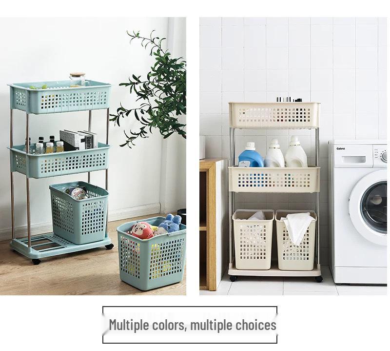 Three-Tier Rolling Storage Rack: Plastic Shelf for Bathroom, Kitchen, or Laundry.
