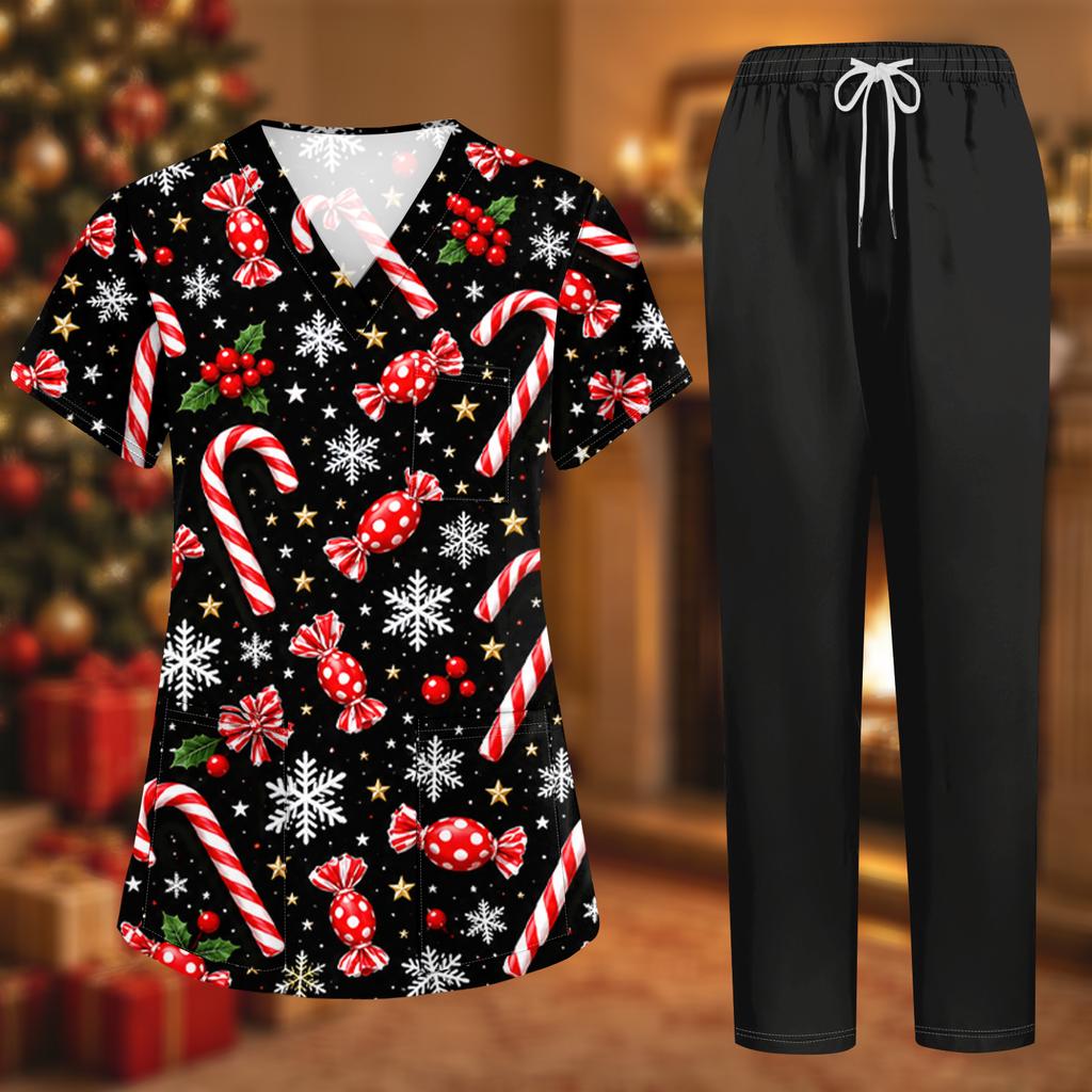 Women's Uniform Set with Short Sleeve Christmas Print Top and Pants, Two-Piece Caregiver