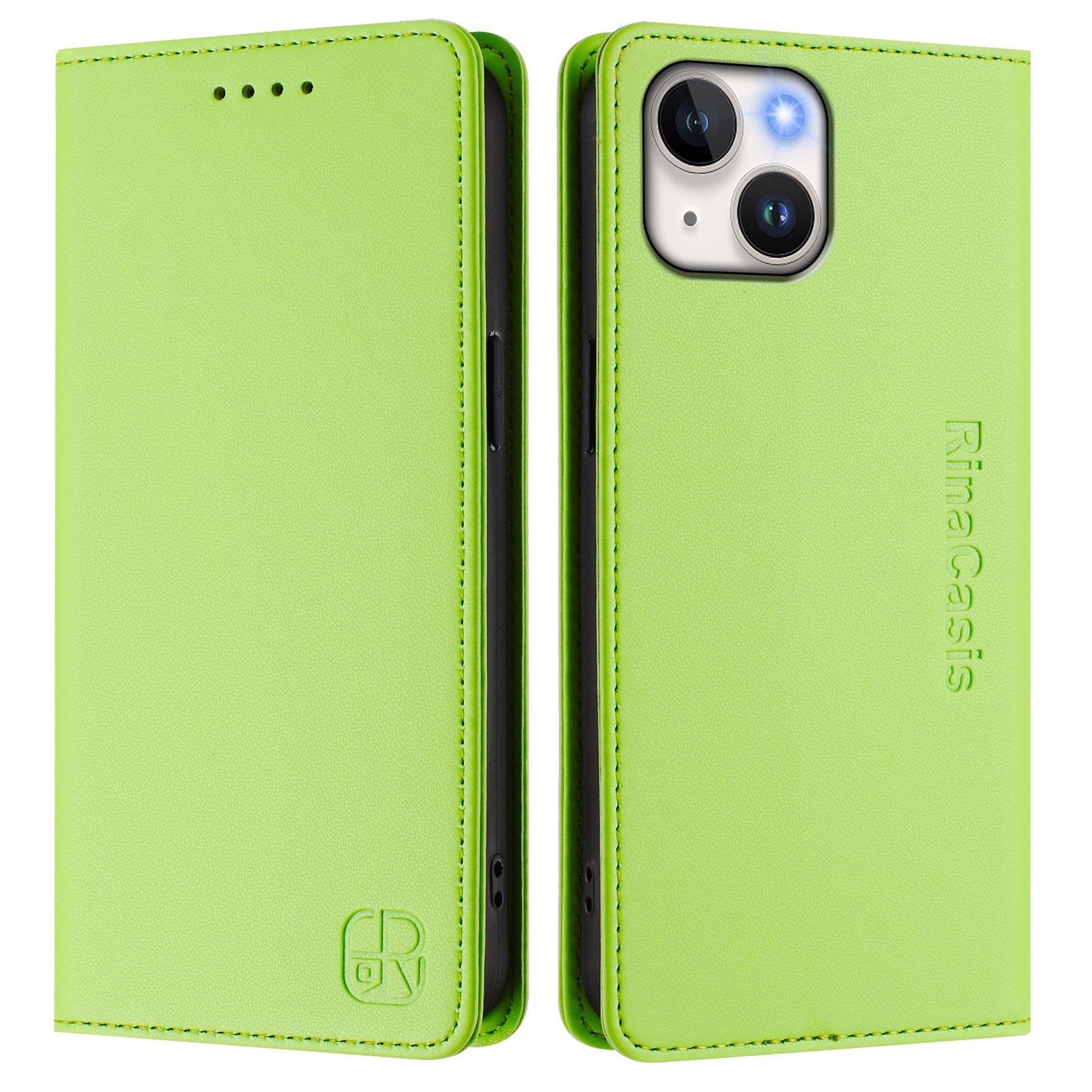 

For iPhone 15 Leather Case RINACASIS RC01 Phone Cover with RFID Blocking Wallet Stand Green