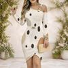 Women Plus Size One Shoulder Chain Strap Long Sleeve Off White Printed Asymmetrical Hem Bodycon Dress