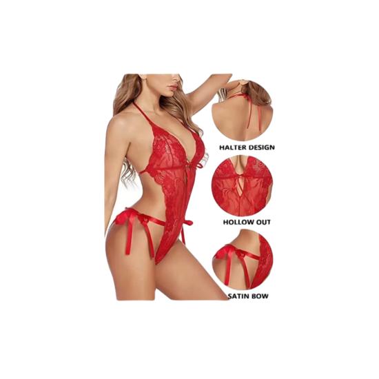 Ladysta Women's Lace Teddy Bodysuit - One-Piece Lingerie V-Neck Nightwear - Free Size (S/M/L)
