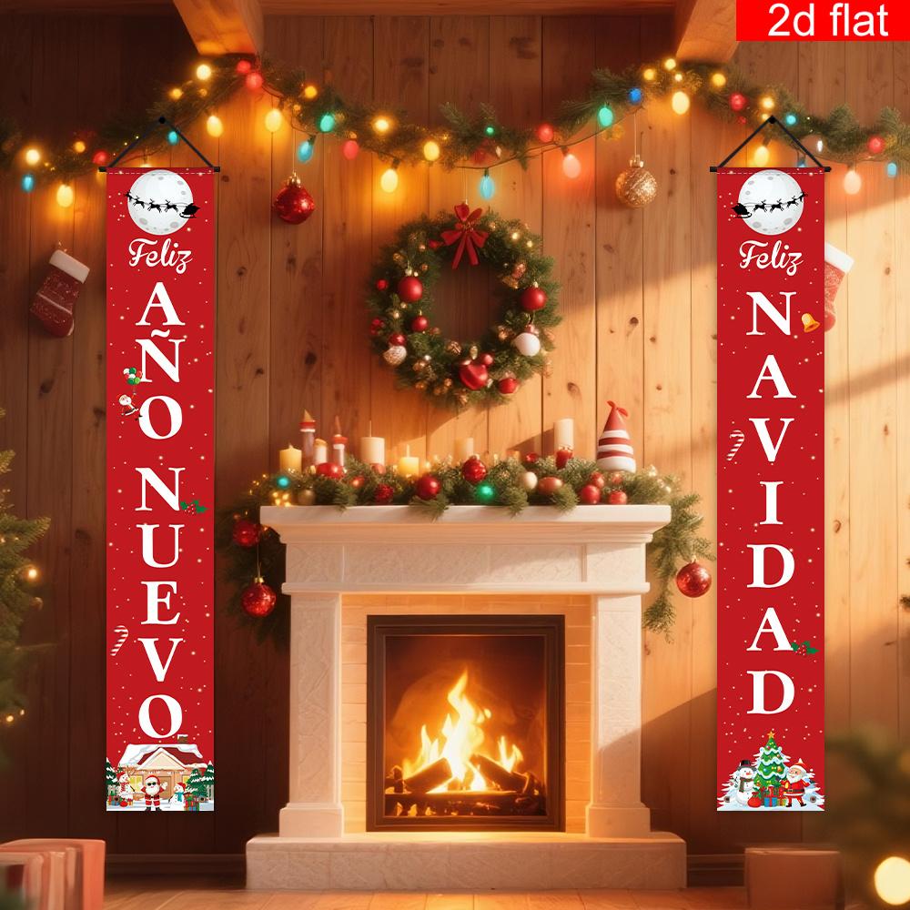 2D Flat, 2pcs Spanish Christmas Banner with Snowy Red Background & Spanish Lettering - Suitable for Winter Door Wall Decoration, Indoor/Outdoor Couple