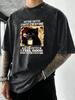 After Coffee Cat Feel Good Print Men Washed TShirt Retro Crewneck T Shirts Hip Hop Loose Clothes Summer Cotton Streetwear
