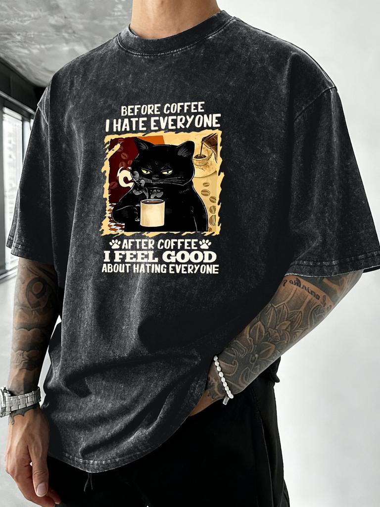 After Coffee Cat Feel Good Print Men Washed TShirt Retro Crewneck T Shirts Hip Hop Loose Clothes Summer Cotton Streetwear