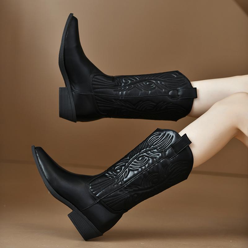 Black Chunky Heel Mid Calf Riding Boots for Women 2025 Winter Female Shoes Women's Pionted Toe Boots Fashion Ladies Cowboy Boots