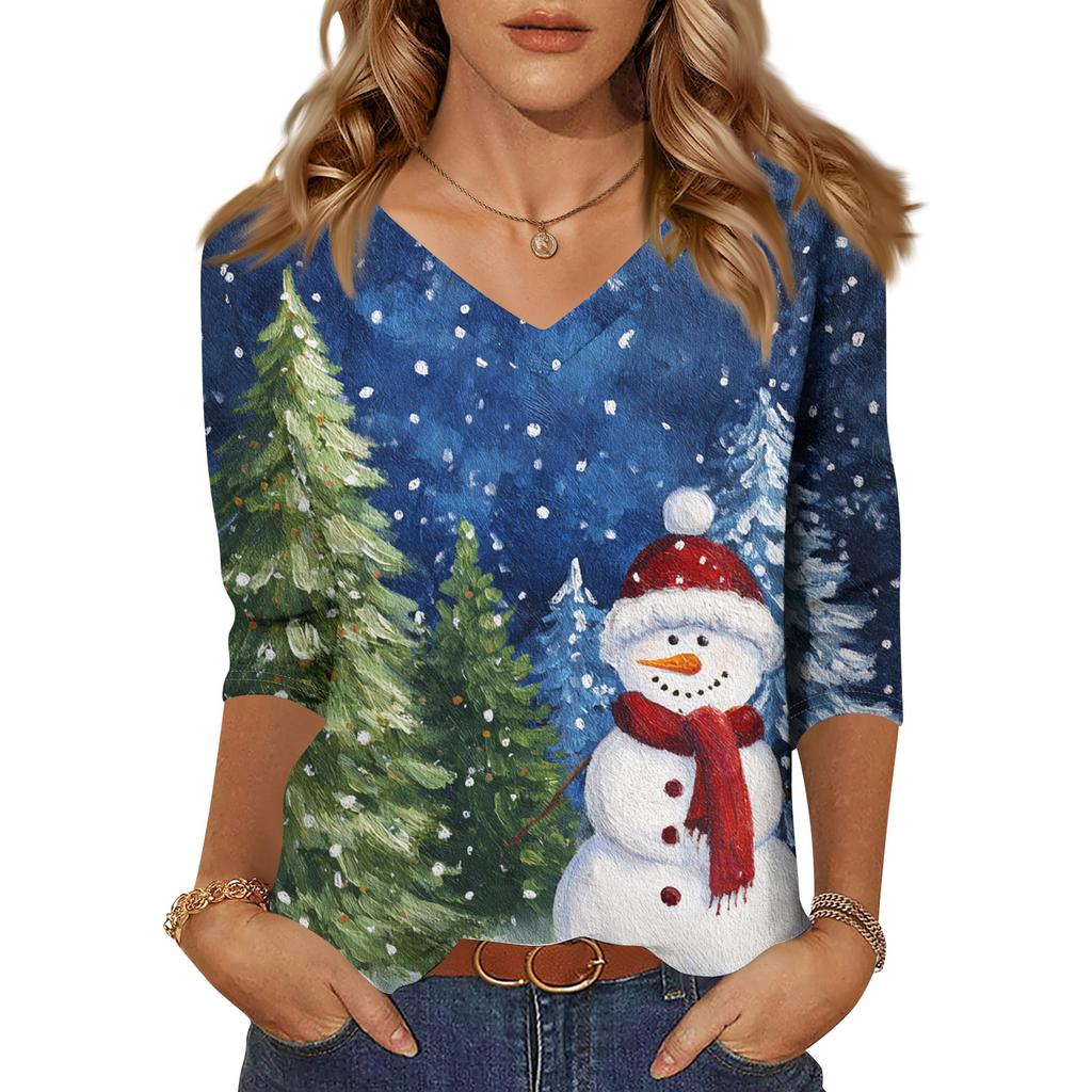 3/4 Sleeve Shirts For Women Print Christmas Tees Blouses Casual Plus Size Basic Tops Pullover