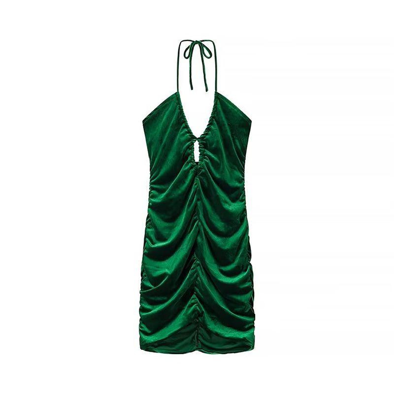 

Reforma * Peacock Green Velvet Skirt Sexy Sexy Cross Hollow Backless Ruffle Hip Halterneck Dress Peacock Green L