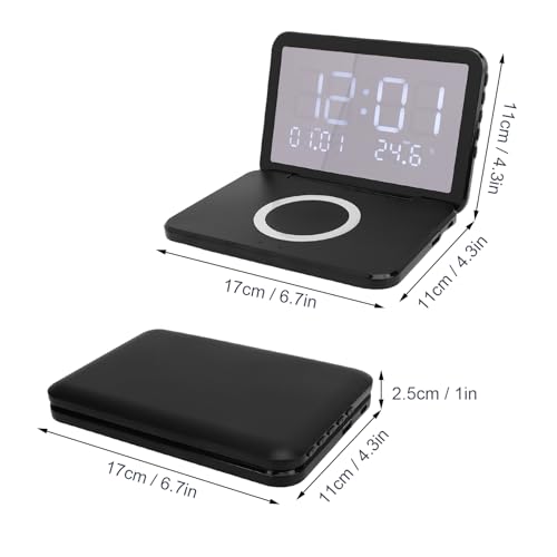 Réveil numérique à chargement sans fil confortable, horloge électronique miroir LED avec couvercle rabattable, charge rapide 15W, luminosité réglable, pour chambre à coucher (Bl