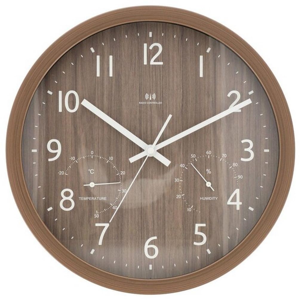 Nitori Radio-Controlled Clock with Step Second Hand, Thermometer and Hygrometer, Wall/Table Clock, Foret, Medium Brown, NITORI 8172723