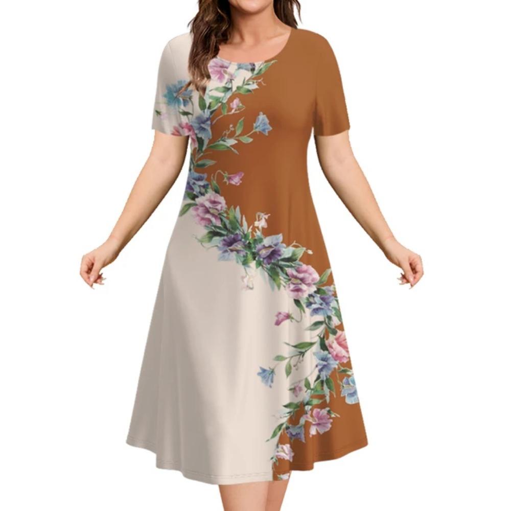 Estampa floral feminina elegante vestido midi, roupas femininas de manga curta extragrande, moda verão, 2024