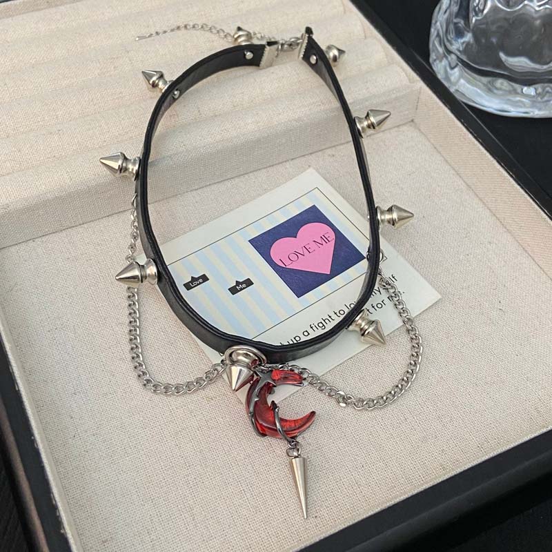 Punk Red Crystal Cross Moon Pendent Necklace for Women Men Gothic Hip Hop Star Tassel Chain Necklace Aesthetic Zircon Gifts