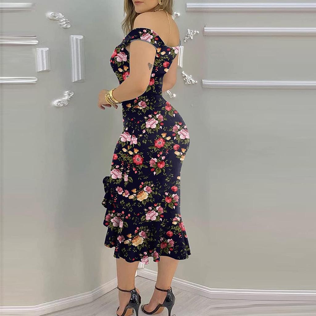 Fashion Women's Loose Sexy Prints One Shoulder Irregular  Ruffle Hip Dress