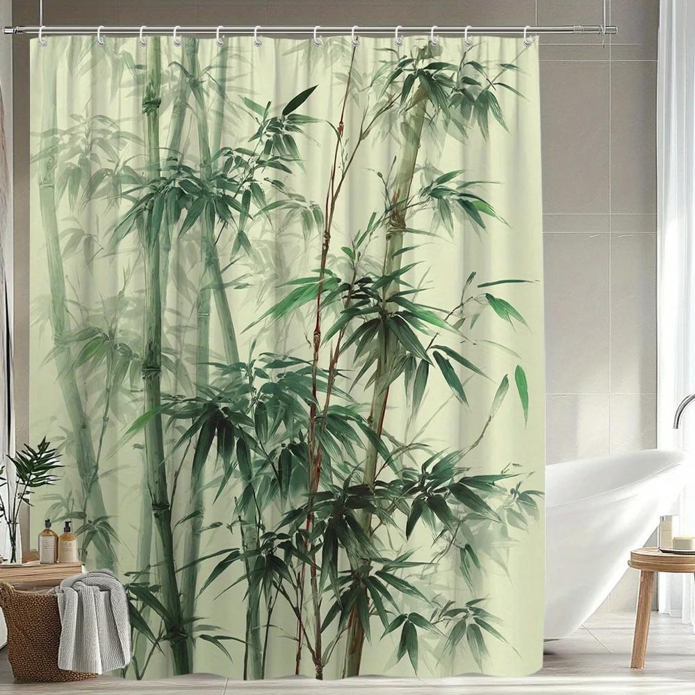 1Pc Bamboo Shower Curtain, Fresh Natural Bamboo Forest Bathroom Decor, Polyester Fabric With 12 Hooks, 70. 8X70. 8 Inches