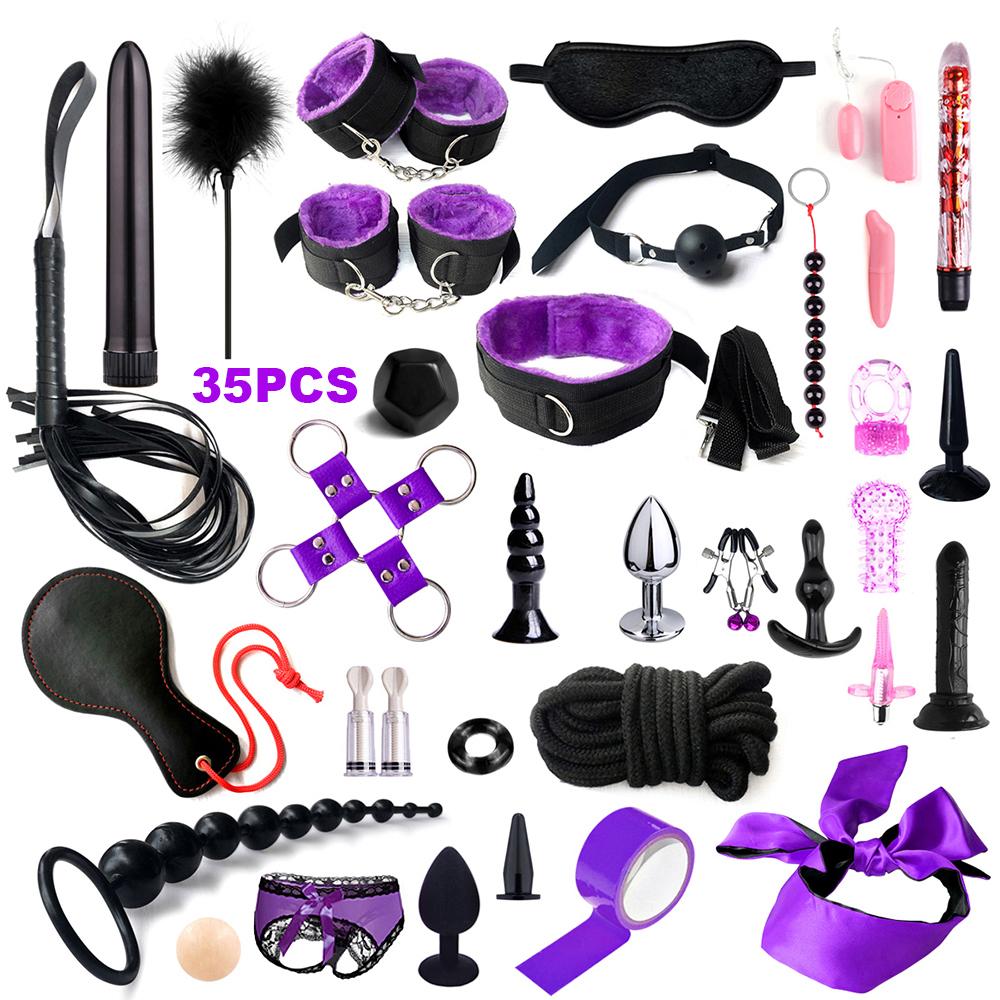 Fetish BDSM Kit Set Sex Toy Handcuffs for Woman Adult Supplies Handcuffs Whip Anal Plug Vibrator Bondage Rope Sexual Sexy Game