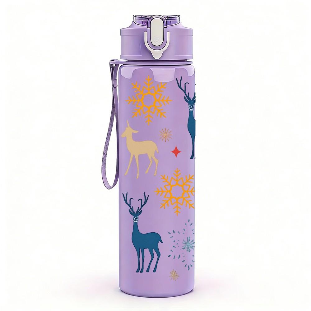 1PC Winter Deer Snow Forest Folk Print 750ml Color Plastic Sports Water Bottle Leakproof Flip Straw Lid Suitable for Sports Office Home Use