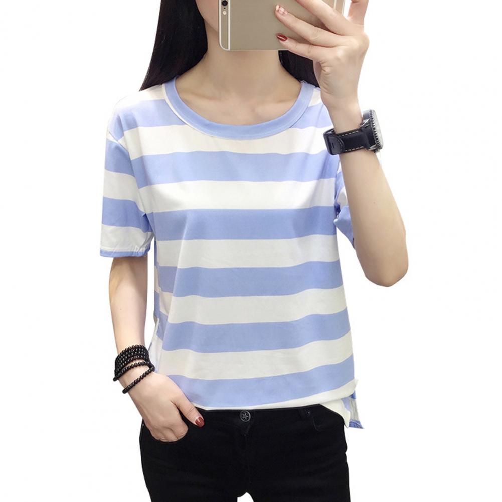 Summer T-shirt Round Neck Short Sleeve T-shirt Striped Print Breathable Versatile Loose Fit Top Streetwear