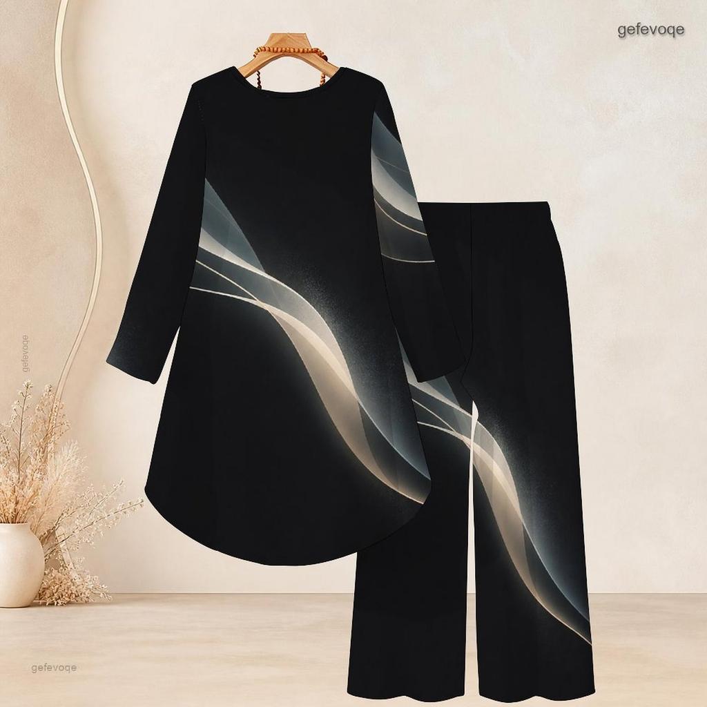 Women Plus Size Two Piece Set Round Neck Long Sleeve Printed High Low Top Wide Leg Pants Black Red White
