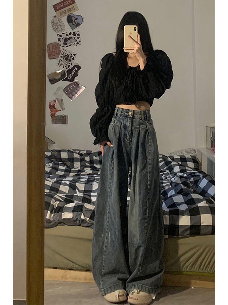 

Retro Pleated High-Waisted Wide-Leg Jeans for Women - Summer Slimming and Trendy Drape Long Pants Double Extra Large