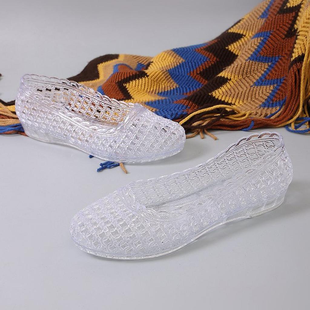 Women's Transparent Jelly Flat Shoes Slip On Lightweight Comfortable Casual Summer Footwear with Textured Pattern and Low Heel