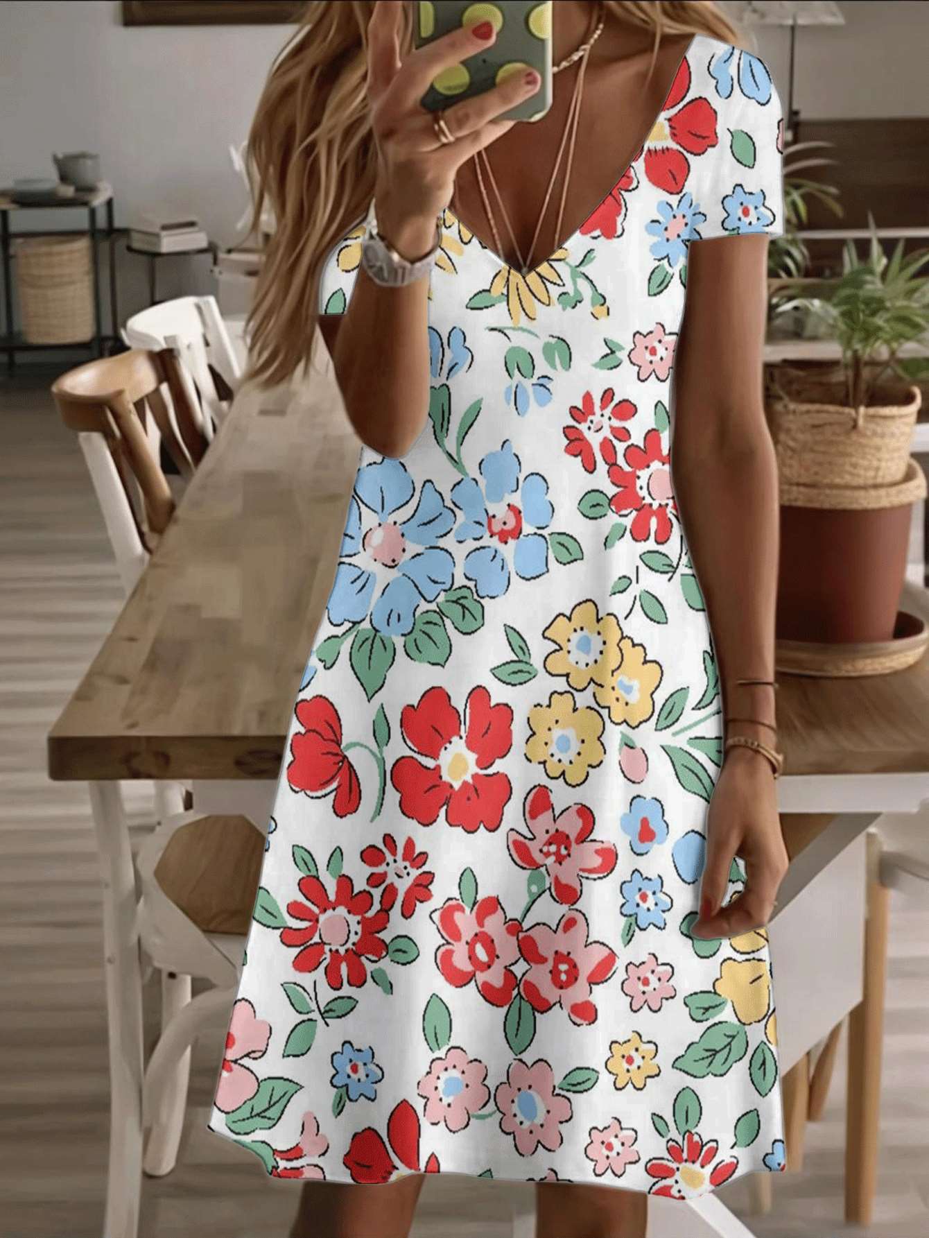 

Vneck shortsleeve midi dress colorful floral ladies print pattern 3D premium printing durable casual fashion summer outfit for women vibrant garden fl S дубильна кора