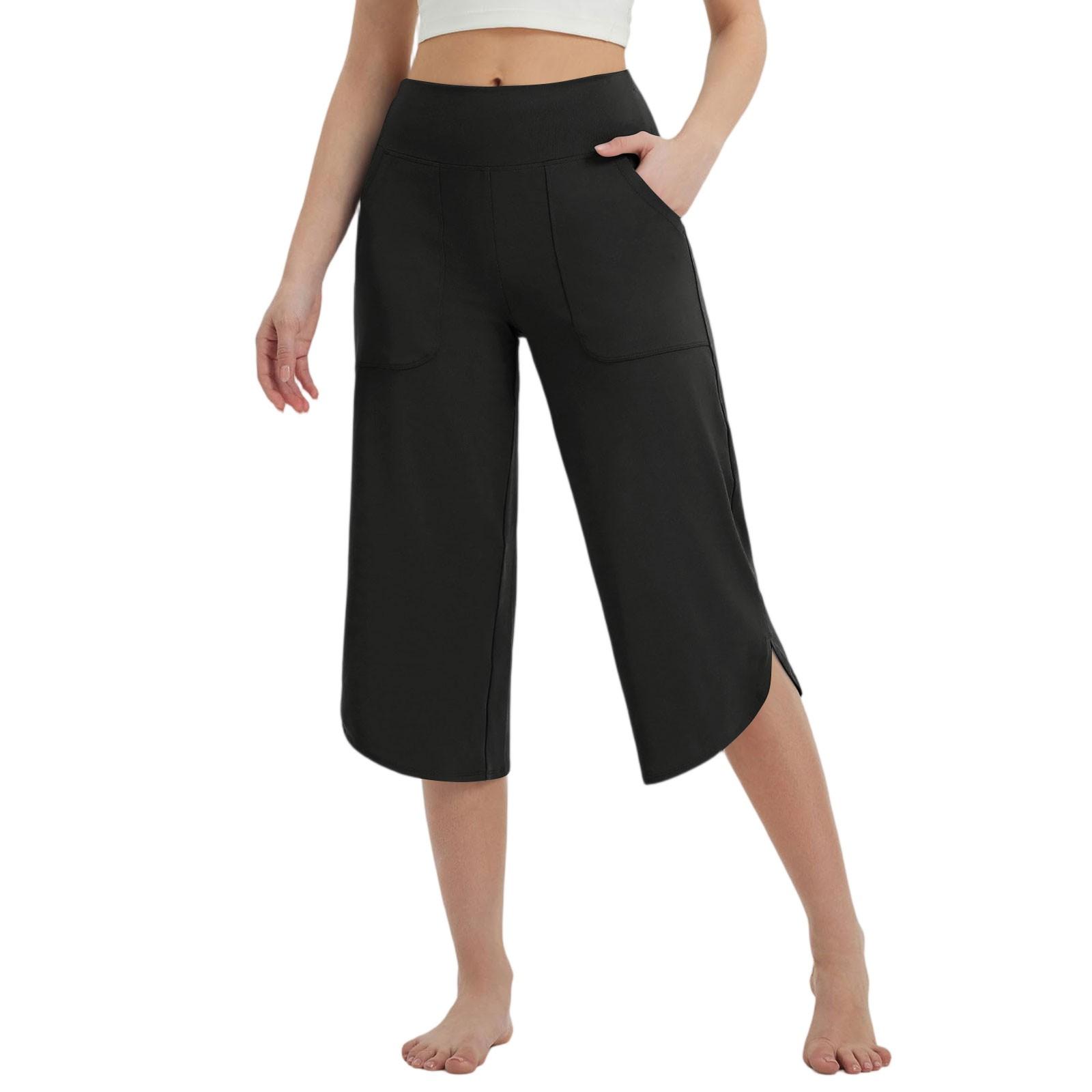 

Женские брюки с карманами Брюки-капри для женщин Леггинсы для йоги Свободные укороченные тренировочные брюки с высокой талией Летние XL чёрный