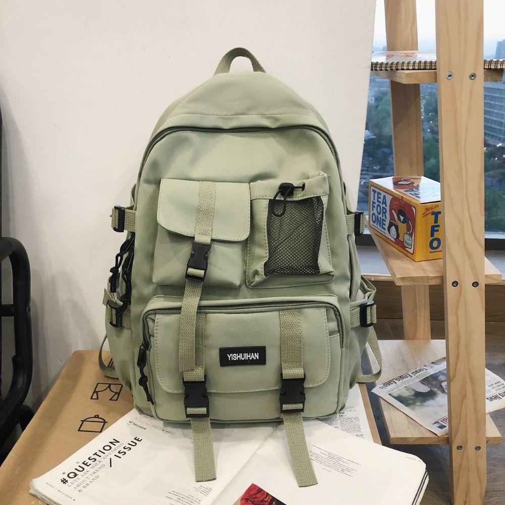 

Korean Style Shoulders Bag Canvas School Bag Simple Student Backpack Unisex Green-No Pendant